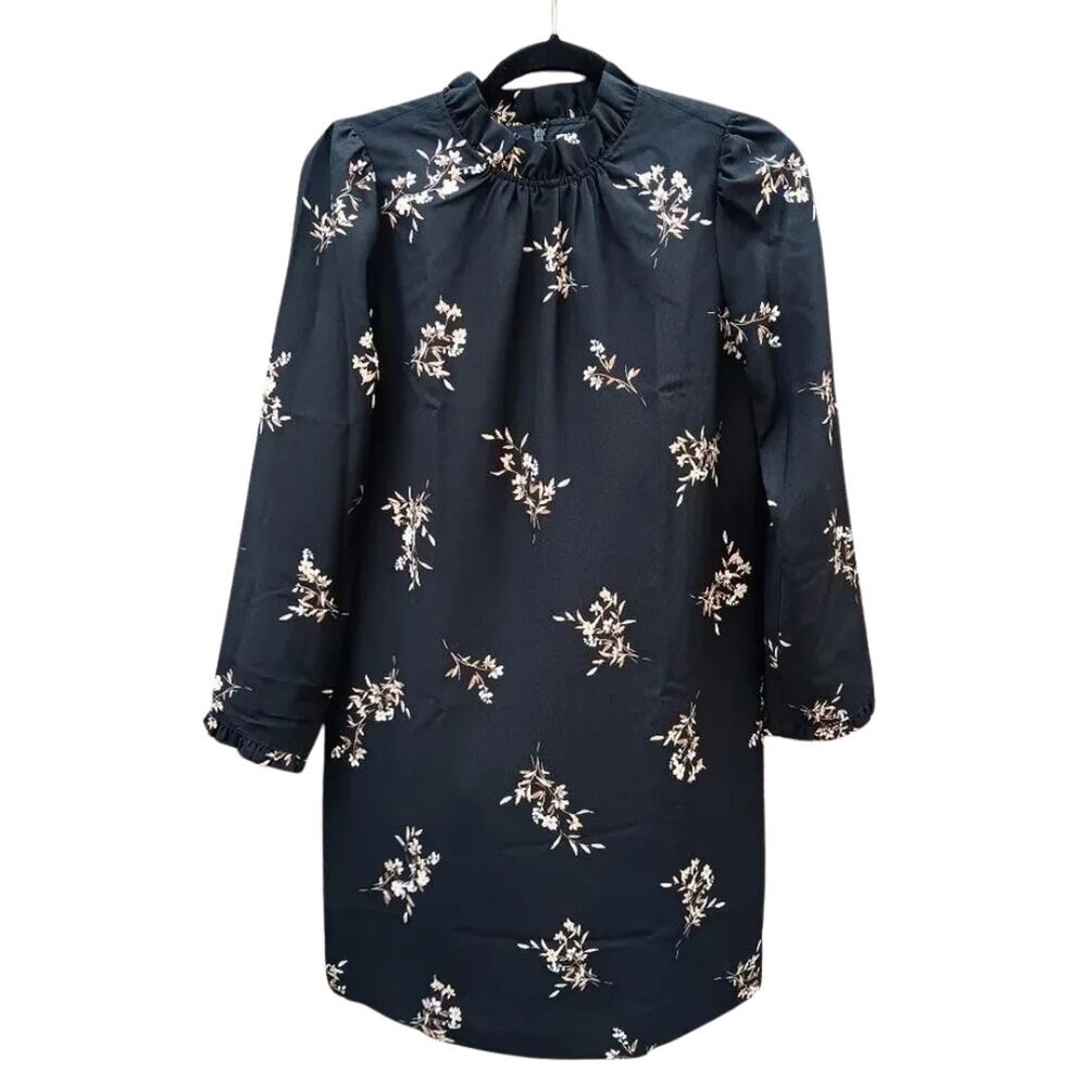 J.Crew Printed Ruffleneck Mini Shift Dress Size 0 Gold Floral Long Sleeve